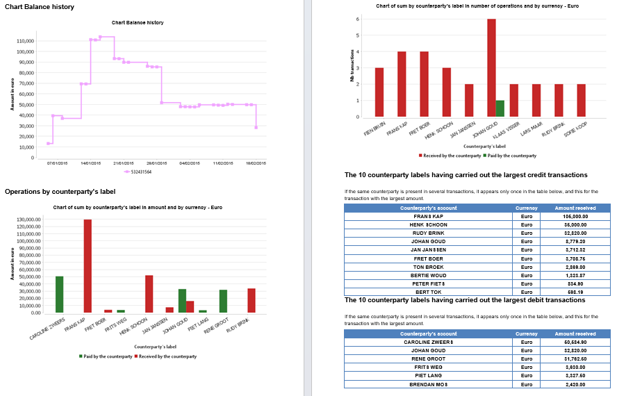 Esempio di report finanziario Mercure con grafici del saldo e tabelle delle controparti