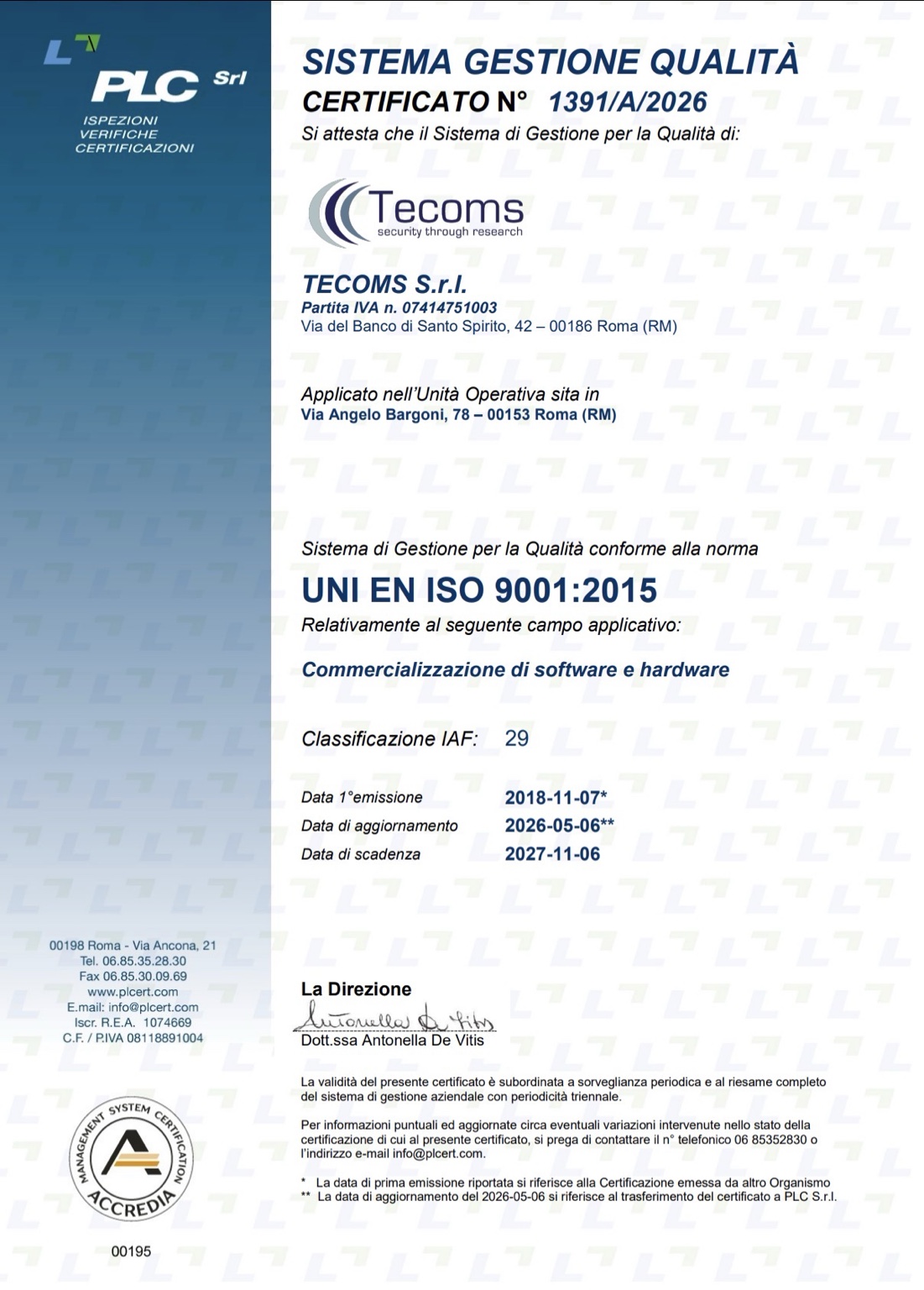 Certificato TECOMS UNI EN ISO 9001:2015 n. 1391/A/2026